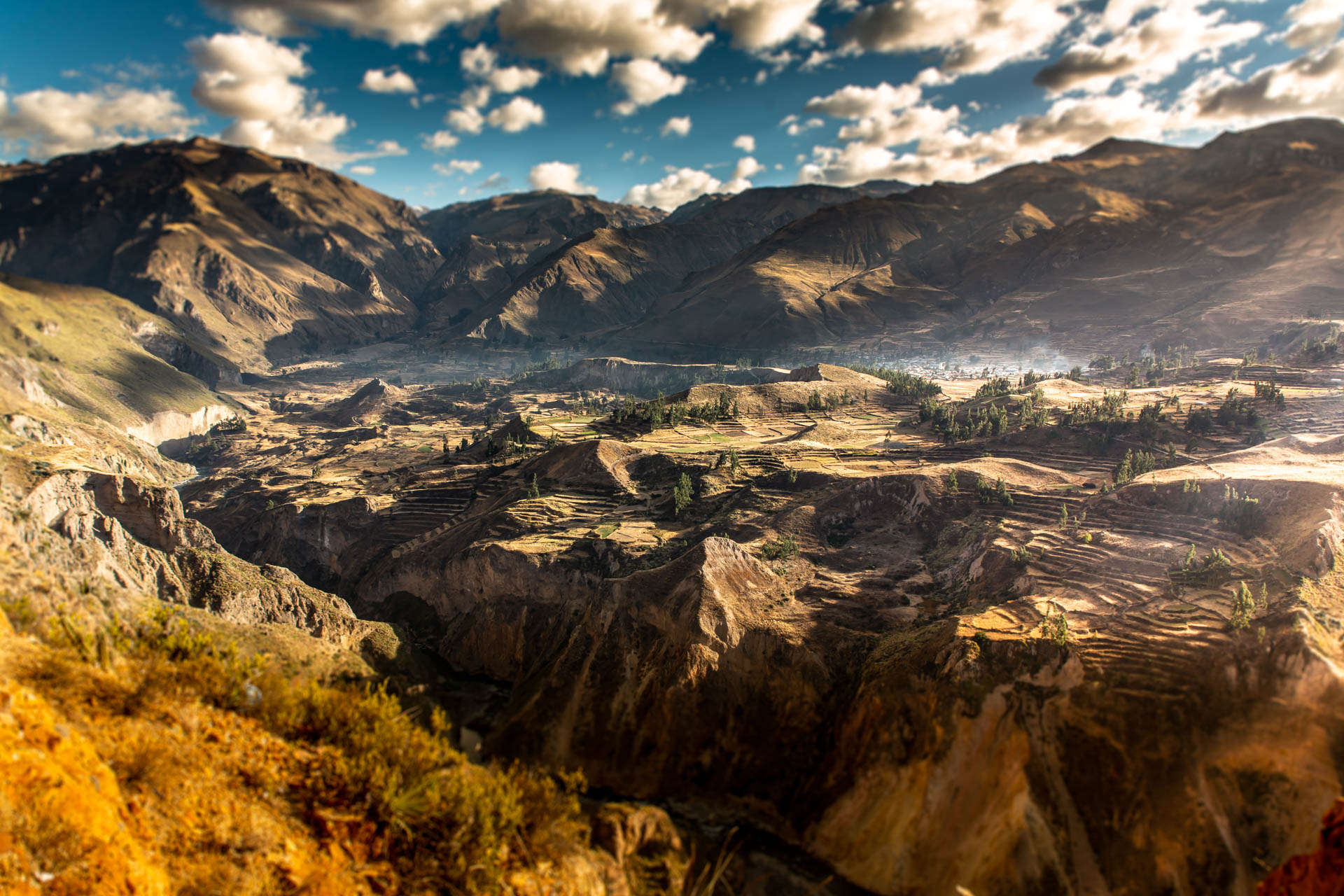 A panoramic view of the ancient Inca citadel of Machu Picchu in Peru.